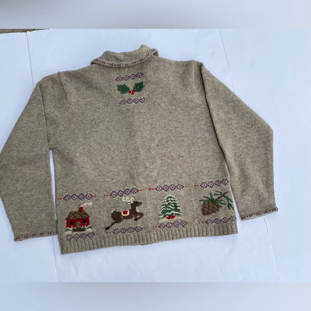 Talbots Vintage Lambswool Zip Front Christmas Sweater Cardigan - Picture 3 of 8